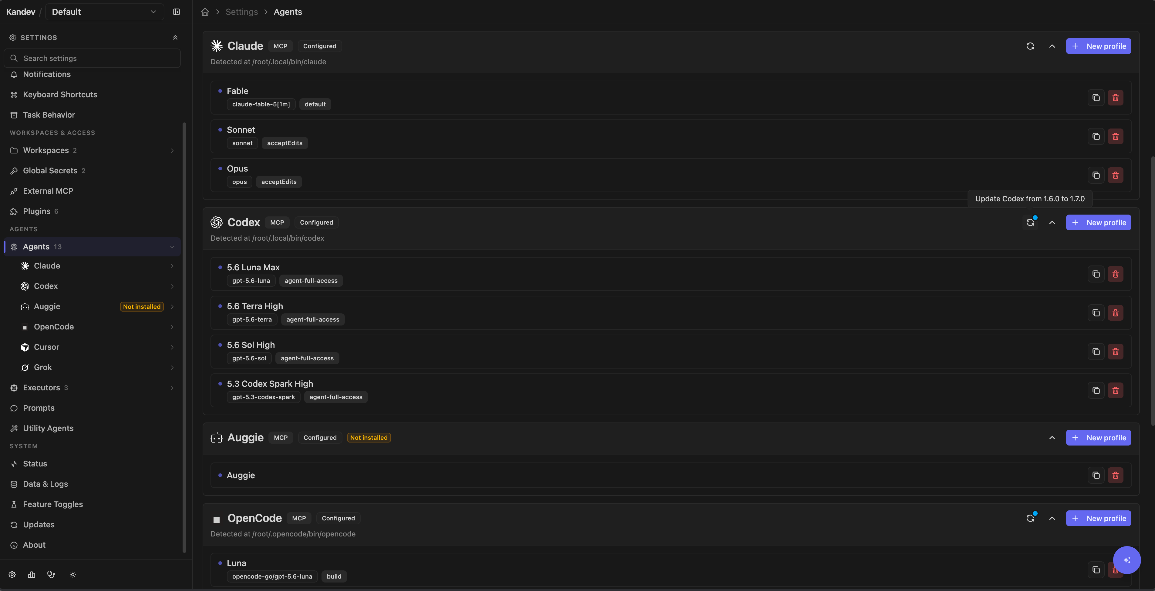 Settings > Agents showing detected agent CLIs, profiles, configured status, unavailable status, update indicators, and New profile controls.